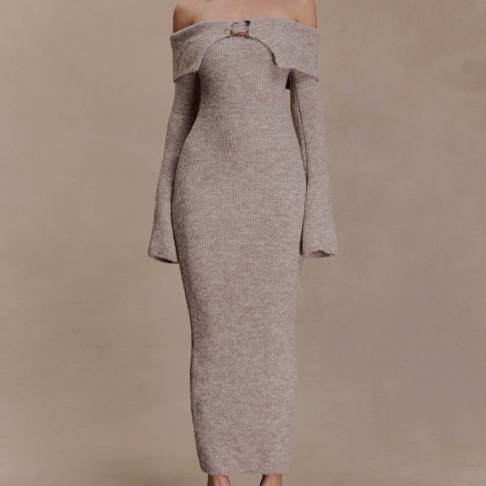 Meshki Off-Shoulder Long Sleeve Dress in Taupe